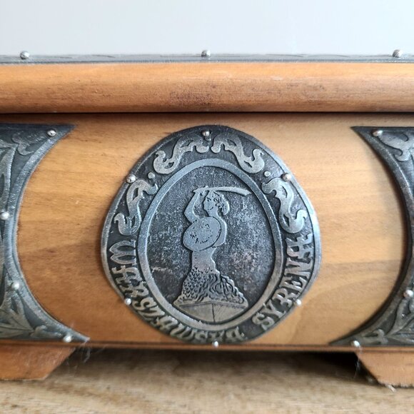 Vintage large Varsovia wooden jewelry box w pewter metal details by Zaczewski. - Picture 7 of 13